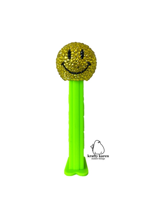 Rhinestone Emoji PEZ - Green Stem, WALMART Smiley Face