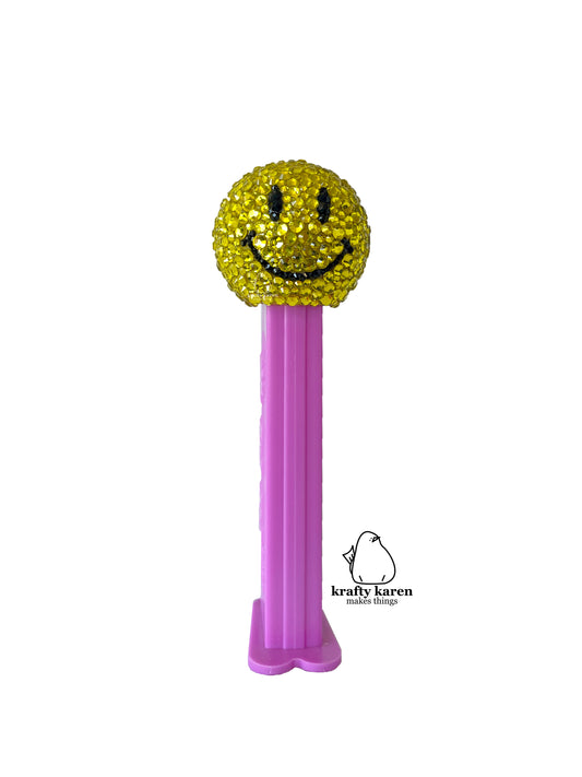 Rhinestone Emoji PEZ - Purple Stem, WALMART Smiley Face