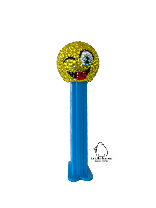 Rhinestone Emoji PEZ - Blue Stem, Wink Face