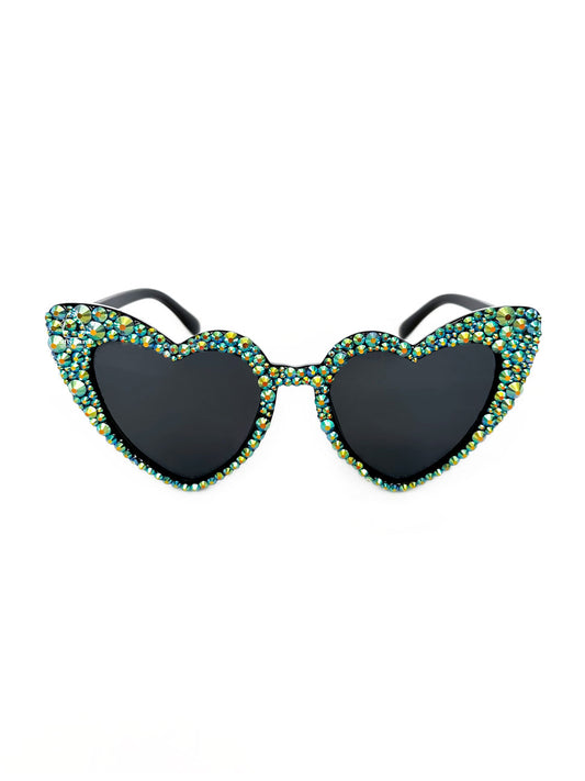 Rhinestone Heart Sunglasses - Iridescent Black