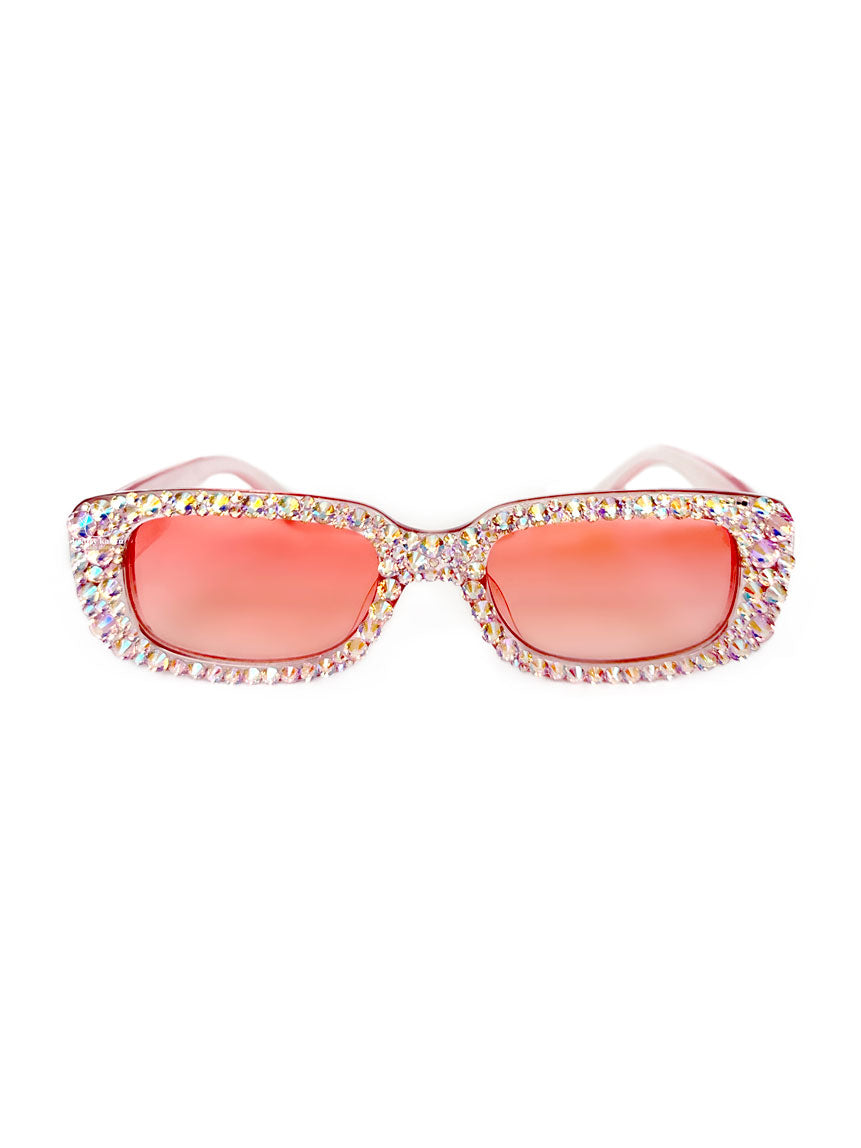 Rhinestone Rectangular Sunglasses - Iridescent Pink